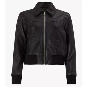 AllSaints All Saints Pascao Cropped  Black Leather Bomber Jacket Black 4/S